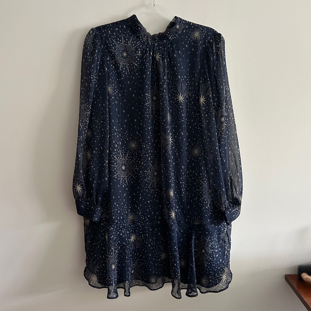 LOFT Celestial Flounce Dress Navy Blue Large Metallic Tie Back Mini